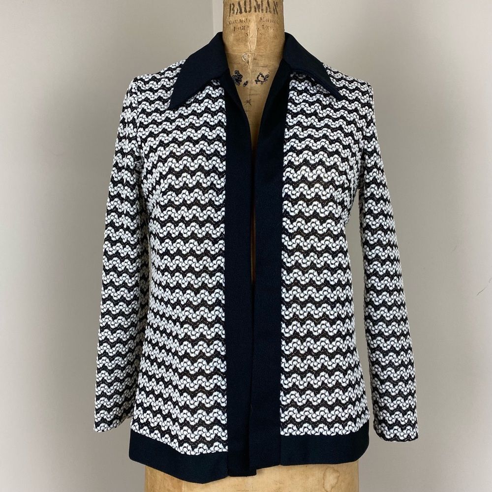 VTG 70s Black White Lurex Chevron Knit Jacket Sz M Rock Glam